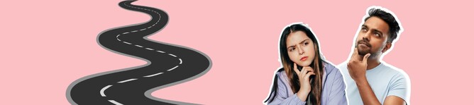 Winding road and thoughtful individuals symbolizing the strategic path forward for retail businesses to achieve growth and conversion goals.