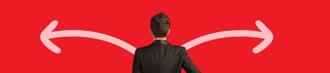 Business person at a crossroads, symbolizing the process of making a smart investment decision in retail technology for growth.